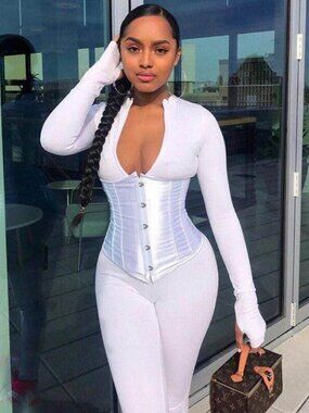 2 Piece Set Jumpsuit White V Neck Long Sleeve Satin Corset Lace up Waist Trainer